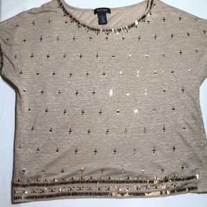 Sparkly beaded tan short sleeve top